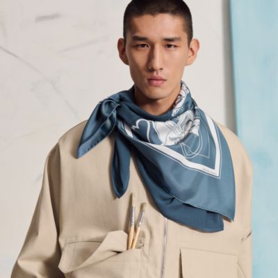 エルメス HERMESマフラー ダンベル カシミア100%紺 メンズ HERMES】エルメス プリントシルクパッチ カシミヤマフラー